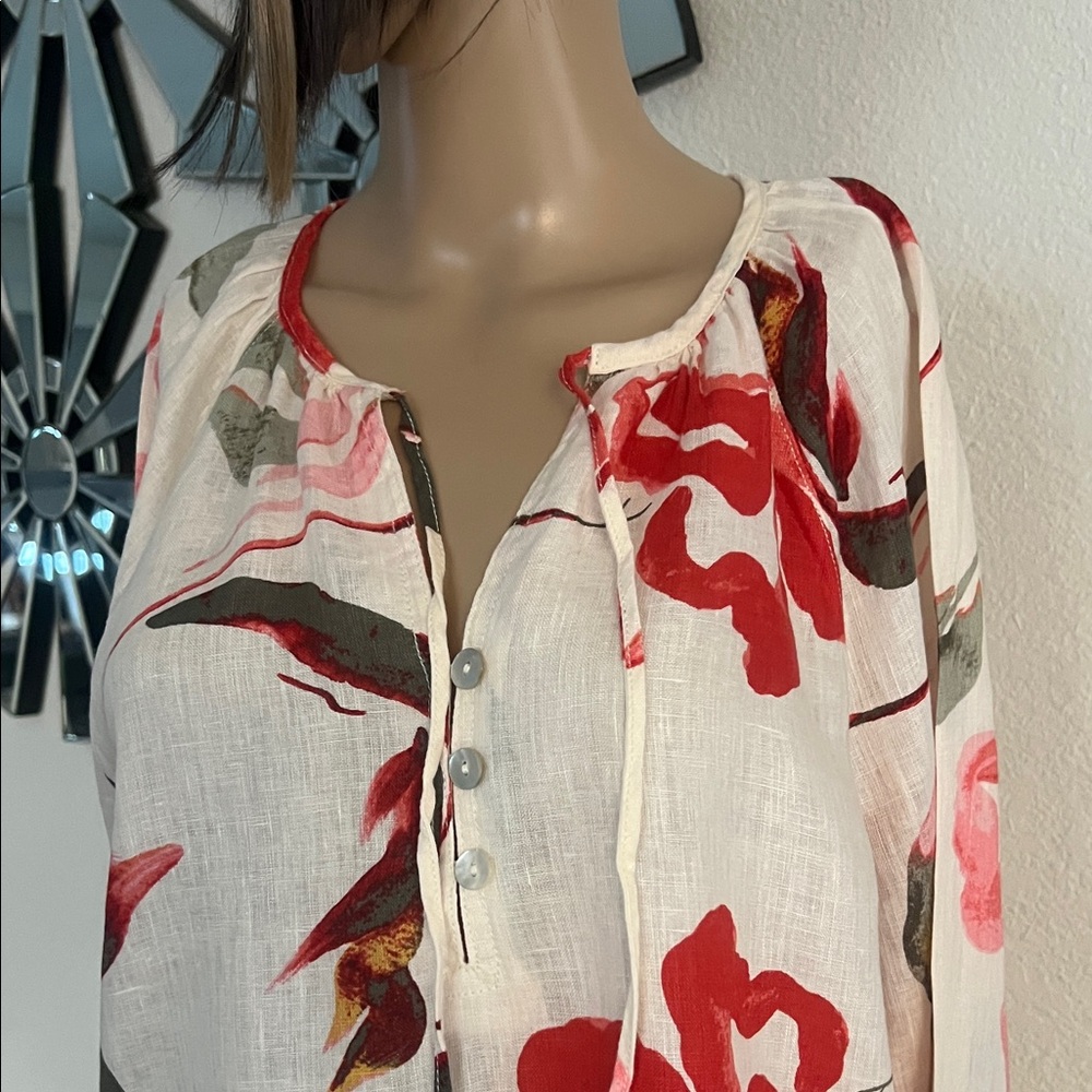 NWT Joie Women's Floral Blouse - Red and Cream 100% linen size M